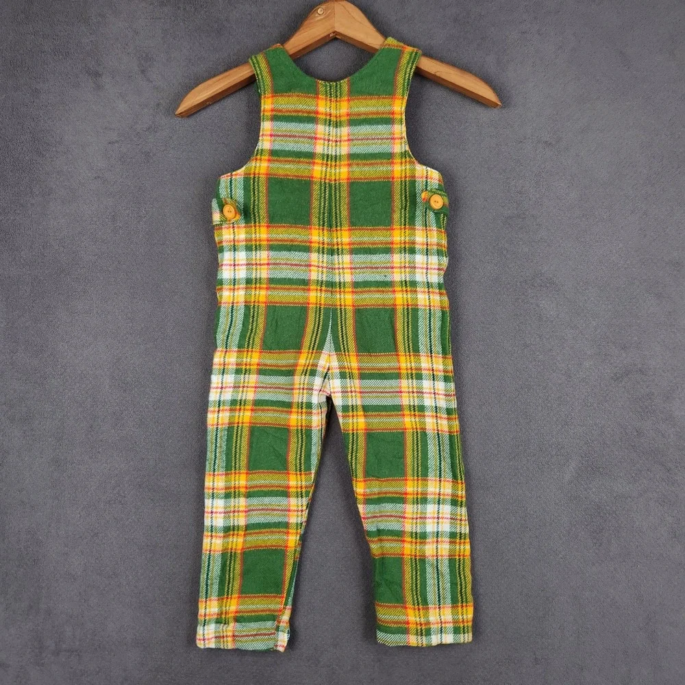 Vintage Corn Cobber Bib Overalls Kids 5 Green Yellow Plaid Retro 70s 80s Farm